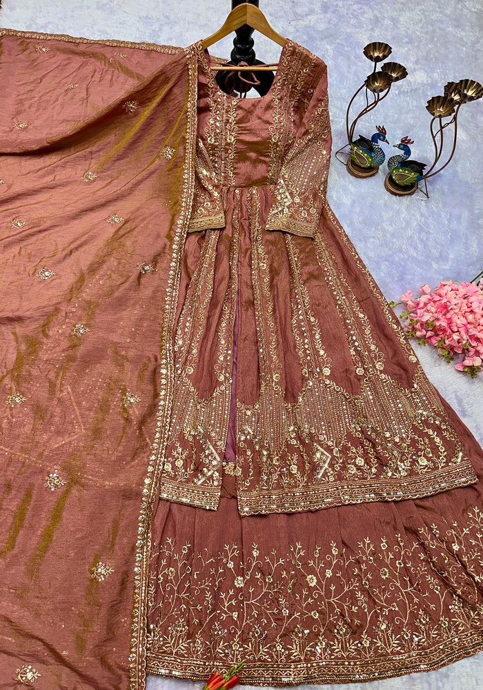 Peach Crunchy Silk Heavy Embroidery Gown with Lahenga And Dupatta