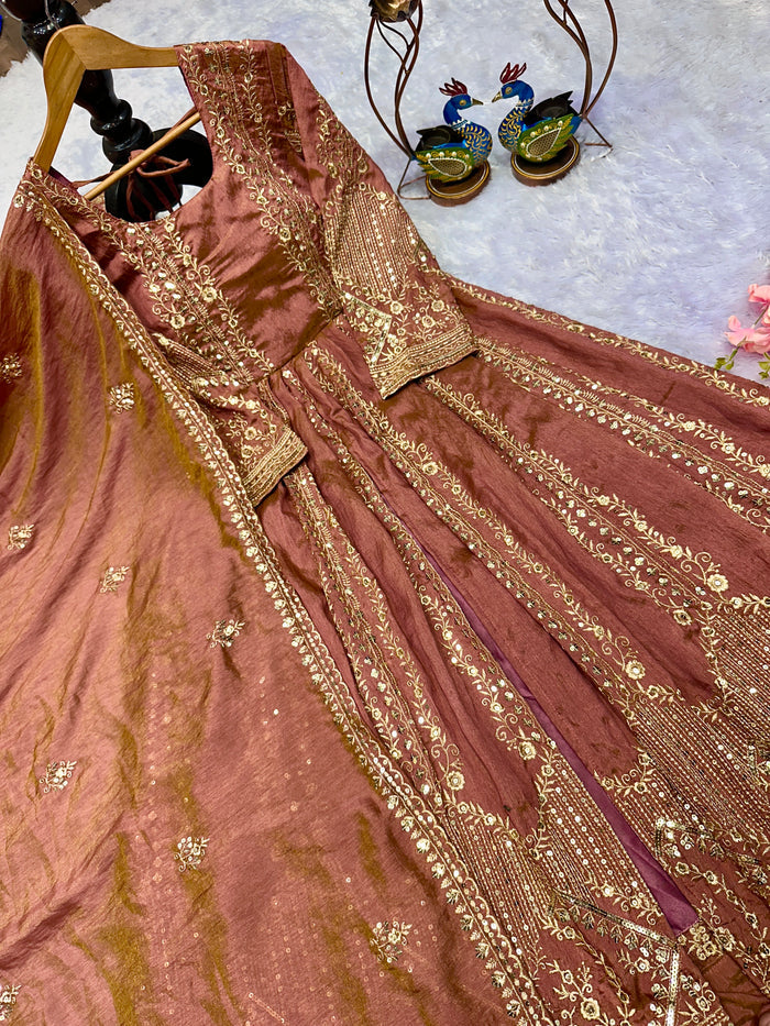Peach Crunchy Silk Heavy Embroidery Gown with Lahenga And Dupatta