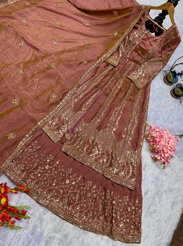 Peach Crunchy Silk Heavy Embroidery Gown with Lahenga And Dupatta