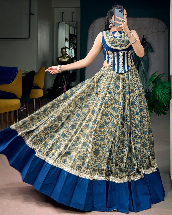 Peacock Blue Color Pure Viscose Chanderi Navratri Lehenga Choli