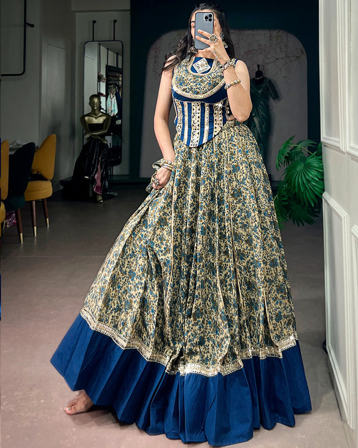 Peacock Blue Color Pure Viscose Chanderi Navratri Lehenga Choli