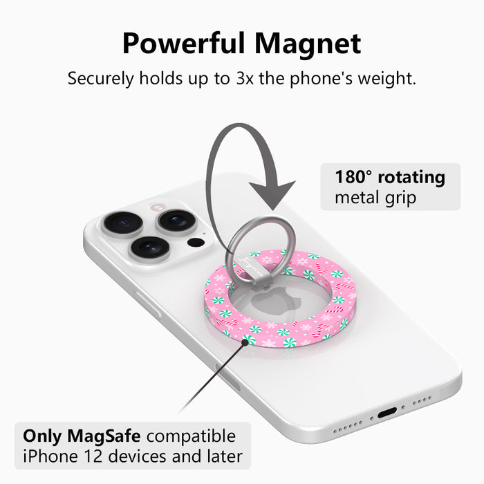 Peppermint Cutie MagSafe grip ring with 180 degree rotating silver ring, holds up to 3x the phone's weight, for MagSafe iPhone 12 and later
