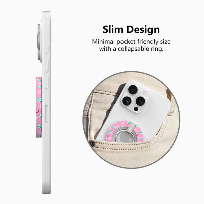 Side view of the slim Peppermint Cutie grip ring with collapsible ring, and a phone with the pink peppermint grip sliding into a jeans pocket