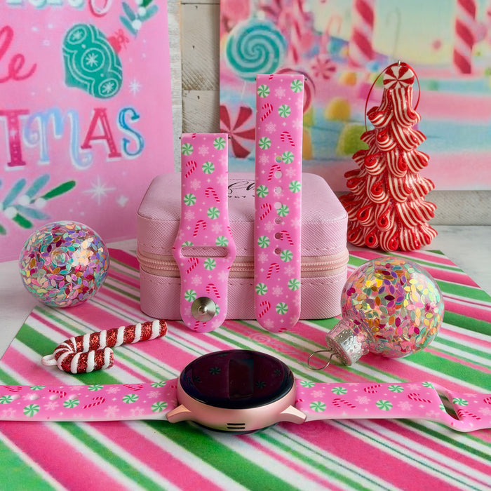 Peppermint Cutie Samsung Galaxy Watch band in pink with mint peppermints and candy canes, shown as two straps and on a rose gold Galaxy Watch