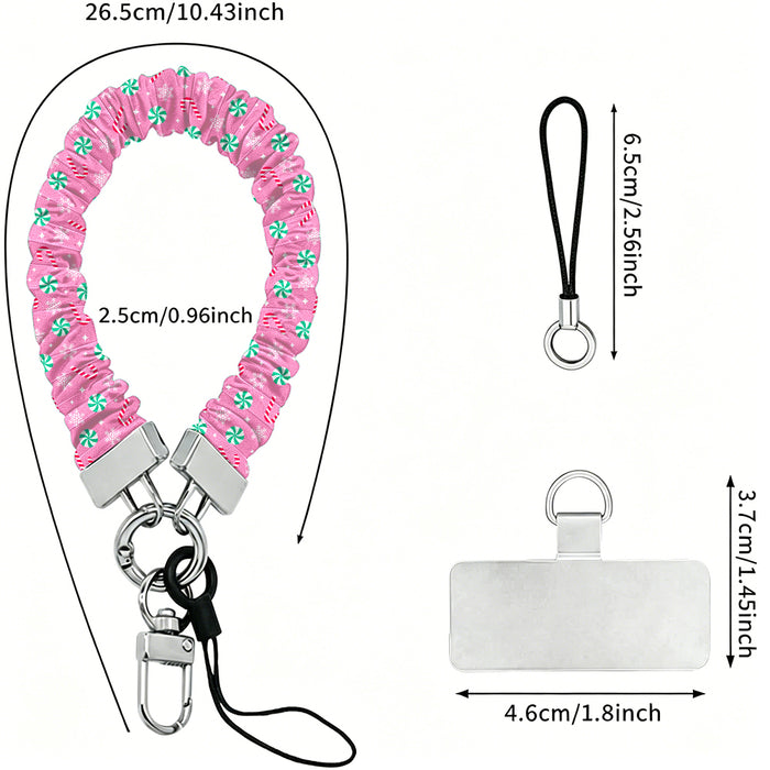 Peppermint Cutie scrunchie wrist strap dimensions: 26.5 cm strap, 2.5 cm wide, 6.5 cm loop, 4.6 x 3.7 cm phone tab