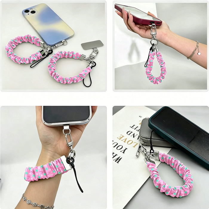 Four views of the Peppermint Cutie scrunchie phone wrist strap: with its phone tab, dangling from a phone in hand, worn on the wrist, and clipped to a pouch zipper