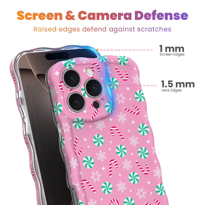 Peppermint Cutie iPhone case with 1 mm raised screen edges and 1.5 mm raised camera lens edges, pink peppermint candy print