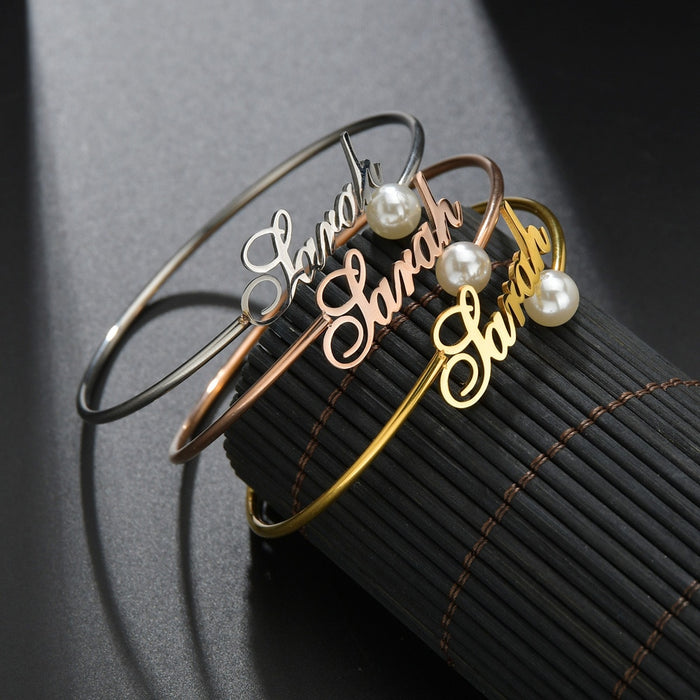 Personalized Name Charm Adjustable Gold Bracelet with Pearl for Lovers - NATASHAHS