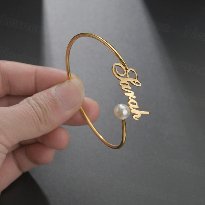 Personalized Name Charm Adjustable Gold Bracelet with Pearl for Lovers - NATASHAHS