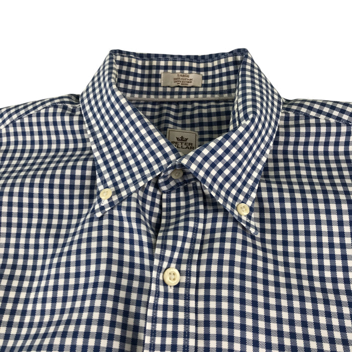 Peter Millar men's L blue and white checked buttoned long sleeve cotton shirt