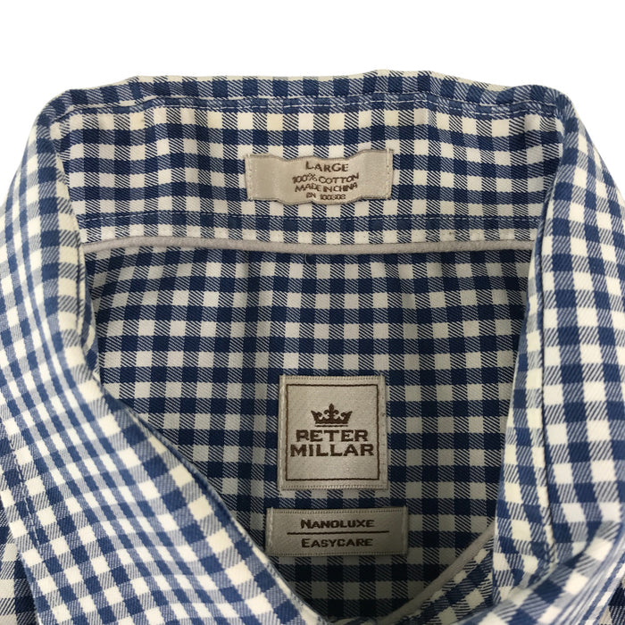 Peter Millar men's L blue and white checked buttoned long sleeve cotton shirt