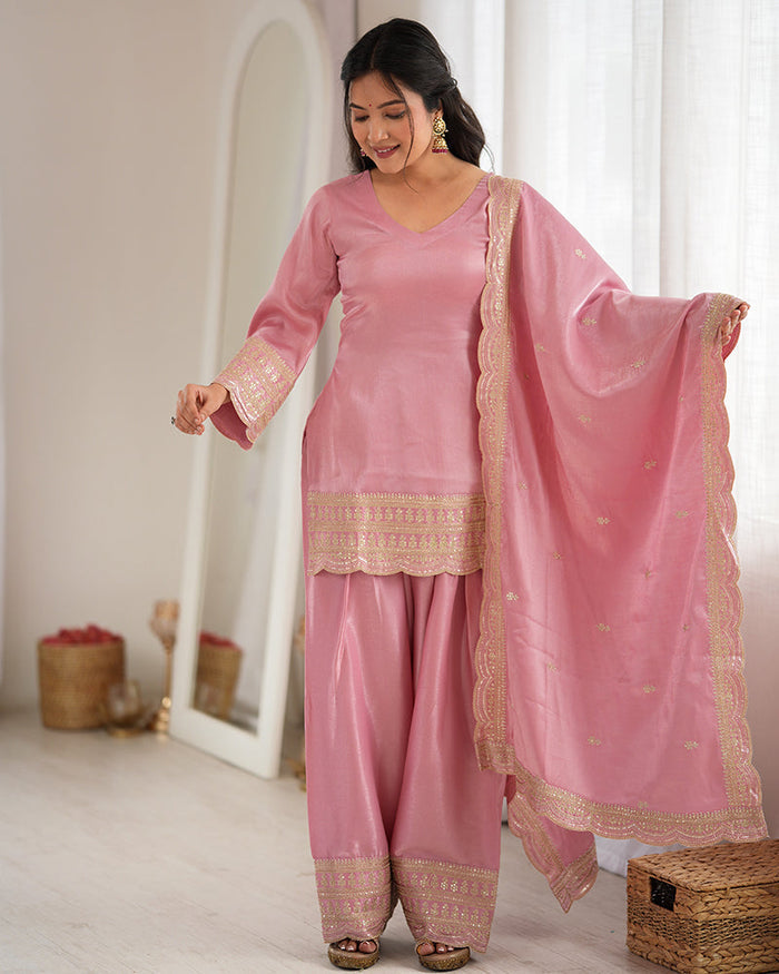 PINK COLOR ROMAN SILK EMBROIDERED FARSHI SALWAR SUIT