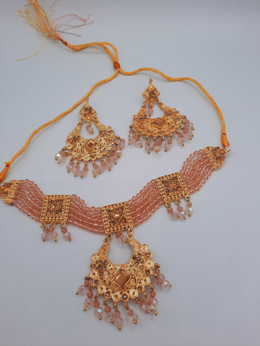 Pink guluband choker with earrings and teeka - NATASHAHS