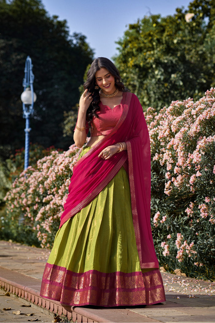 Pista Color Zari Weaving Work Kanchipuram South Culture