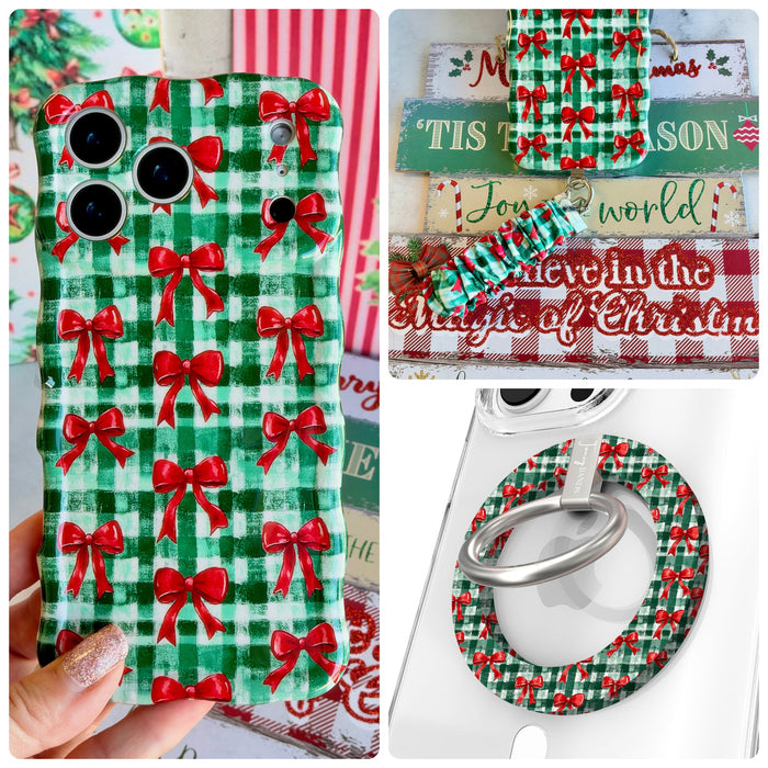 Plaid Tidings & Bows iPhone Matching Set - green and white gingham MagSafe case with red Christmas bows, matching Hold It Fancy grip ring and scrunchie phone wrist strap from Fancy Bands