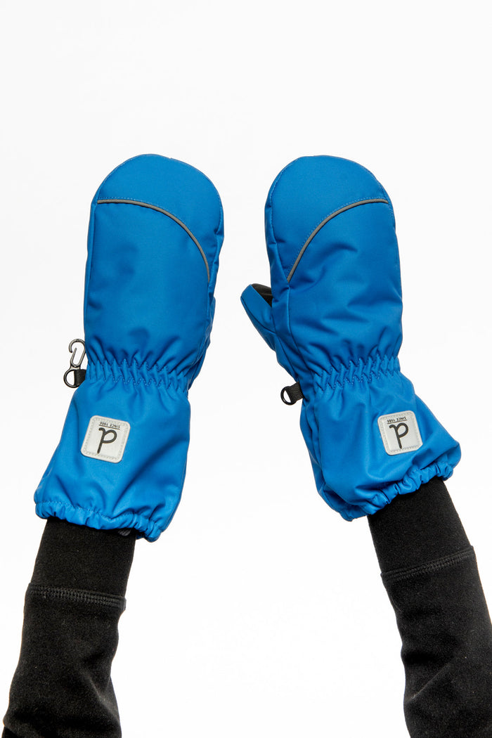 Baby wearing the blue winter mittens, view 2