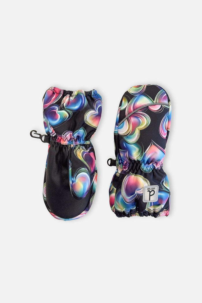 Deux par Deux Play winter mittens in black heart print, front view