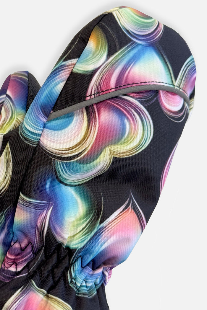 Deux par Deux Play winter mittens in black heart print, back view