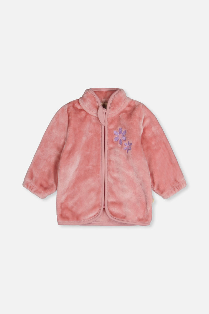 Deux par Deux baby girls plush zip jacket in dusty pink with flower embroidery, front view