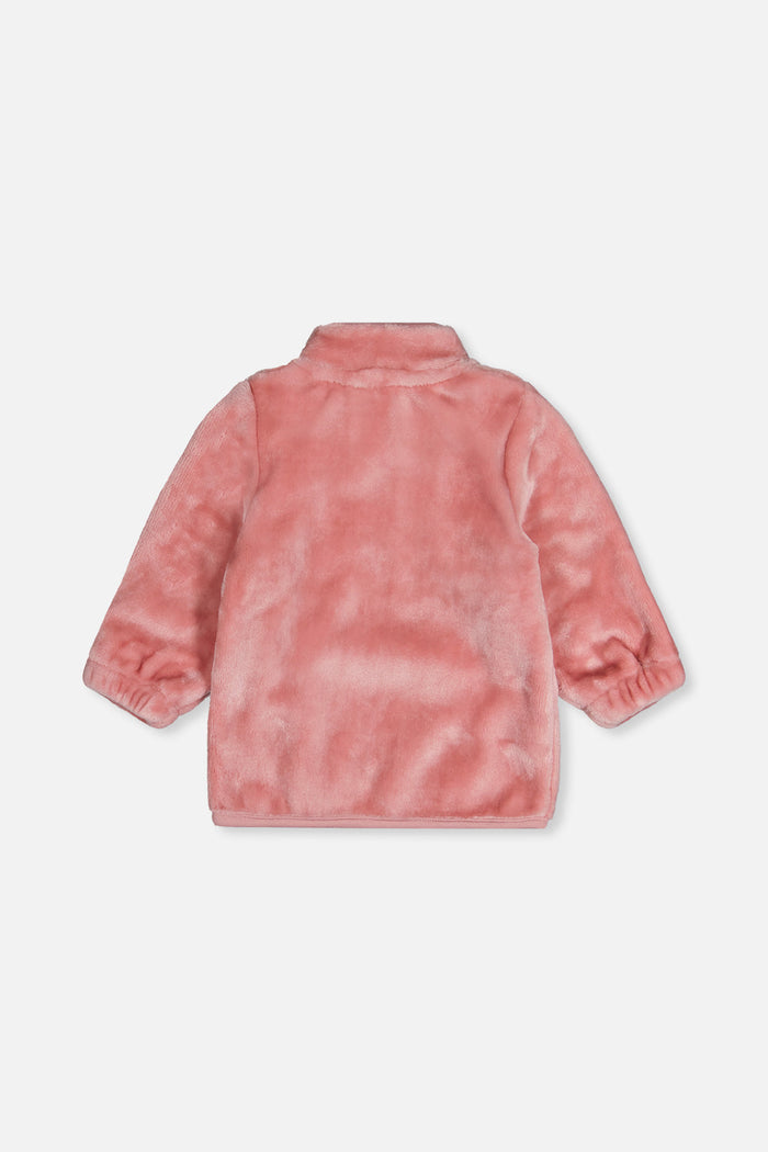 Back of the dusty pink plush baby jacket with elastic cuffs