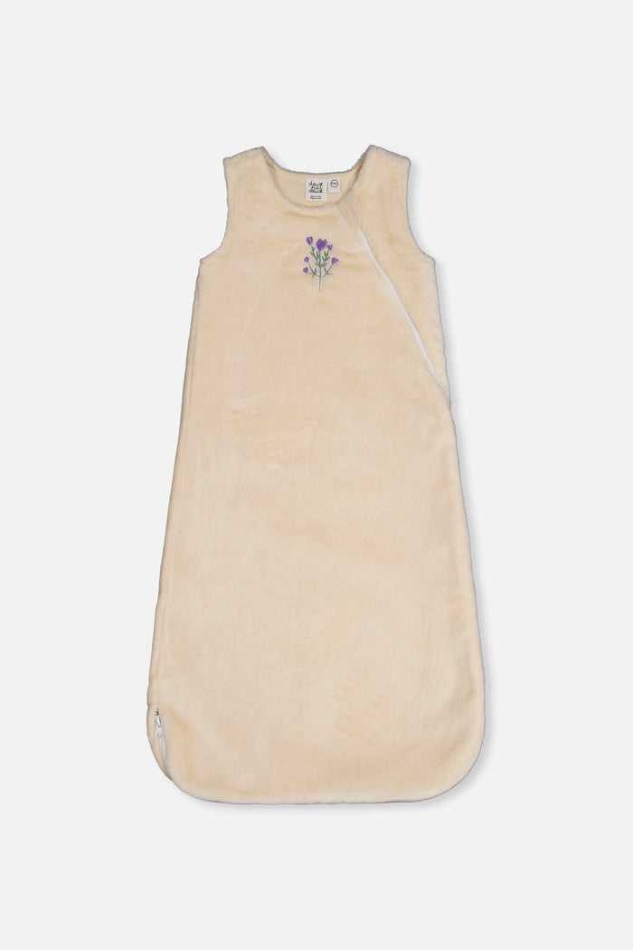 Deux par Deux plush baby sleep sack in off-white with heart and flower embroidery, main view