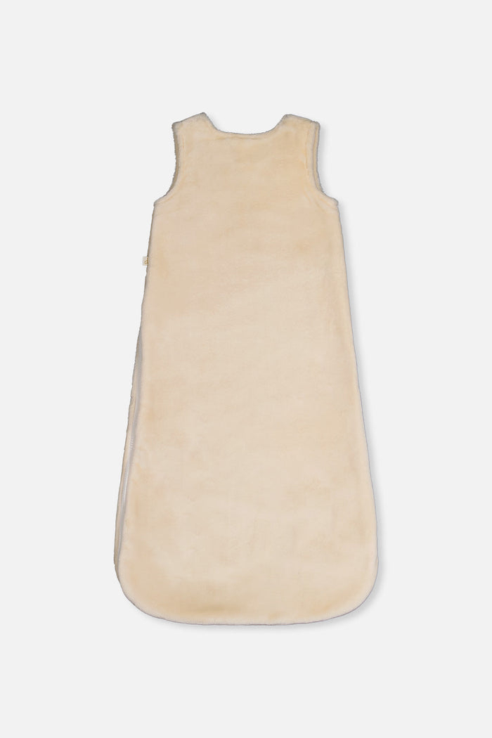 Deux par Deux plush baby sleep sack in off-white with heart and flower embroidery, product view 2