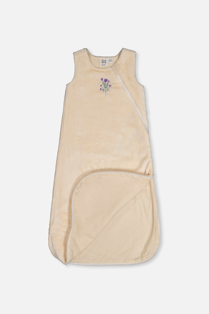 Deux par Deux plush baby sleep sack in off-white with heart and flower embroidery, product view 3