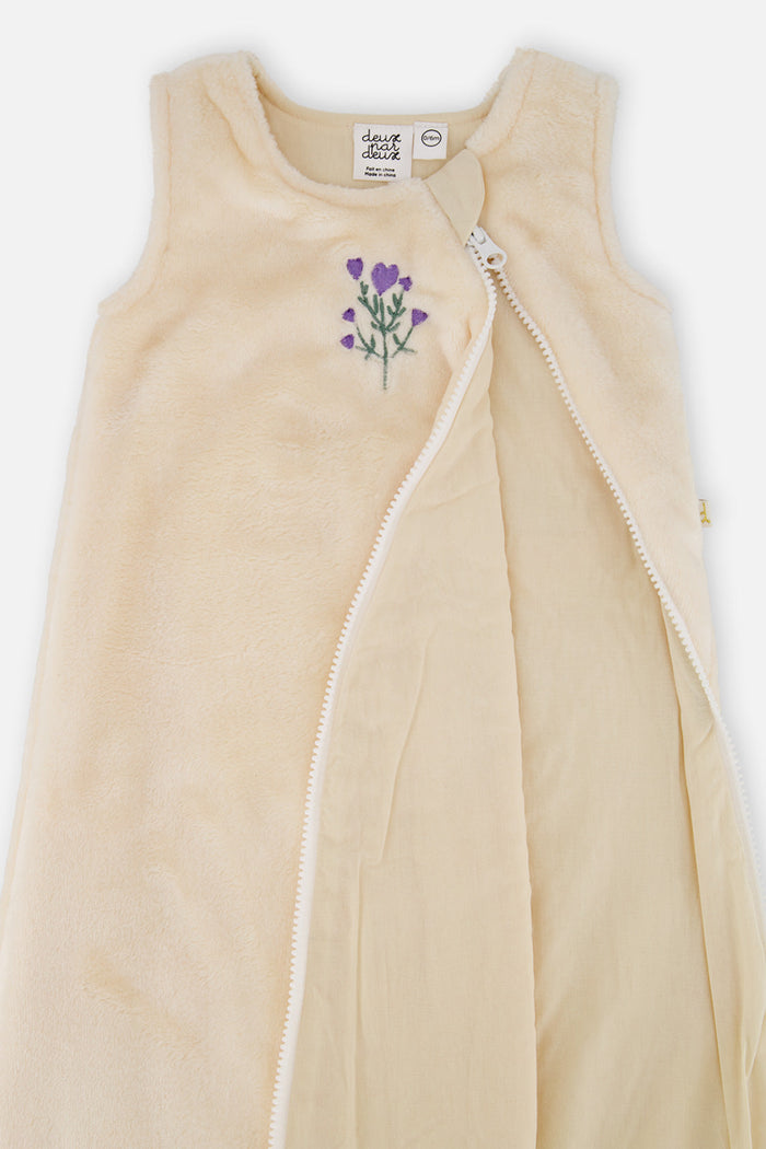 Deux par Deux plush baby sleep sack in off-white with heart and flower embroidery, product view 4