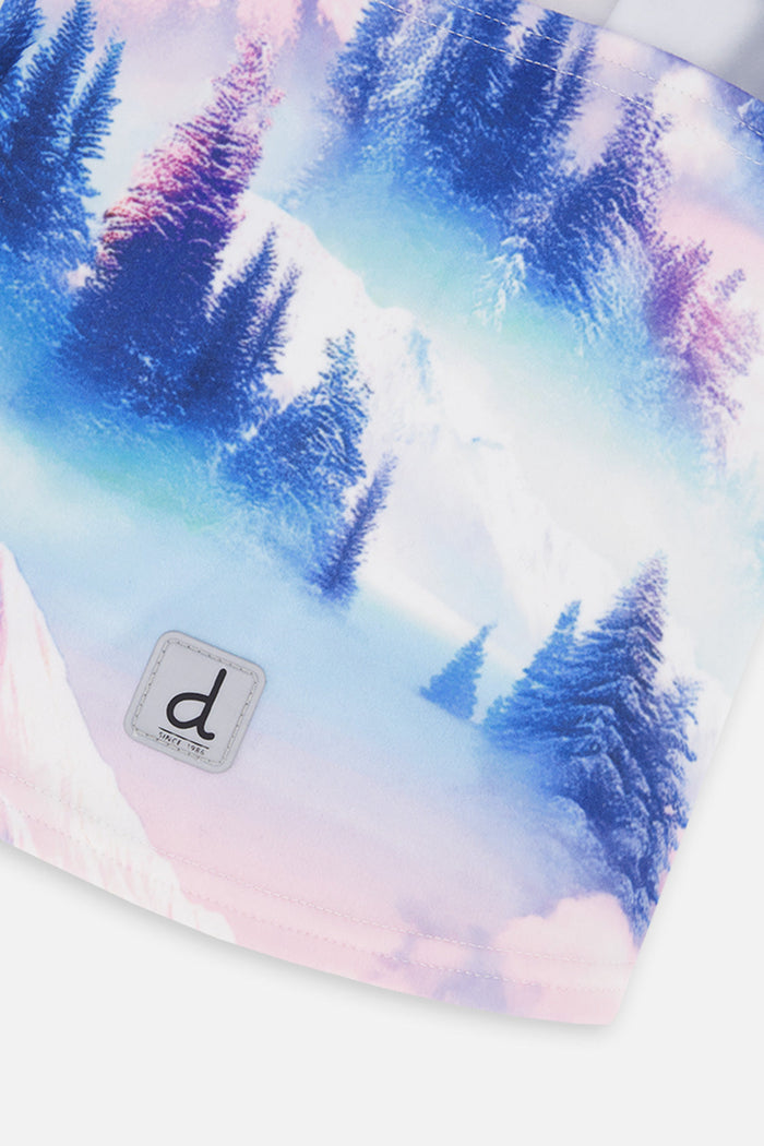 Deux par Deux girls' polar fleece balaclava in blue and pink mountain print – close-up of the fleece and logo