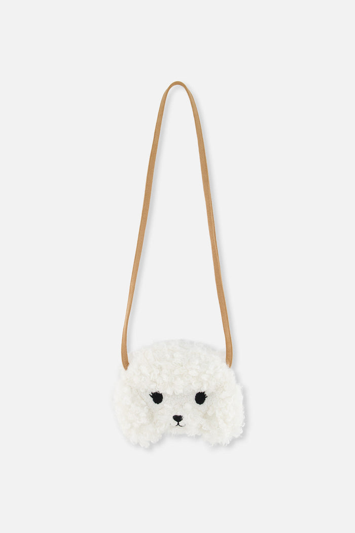 Deux par Deux girls poodle crossbody bag in off-white plush, front view