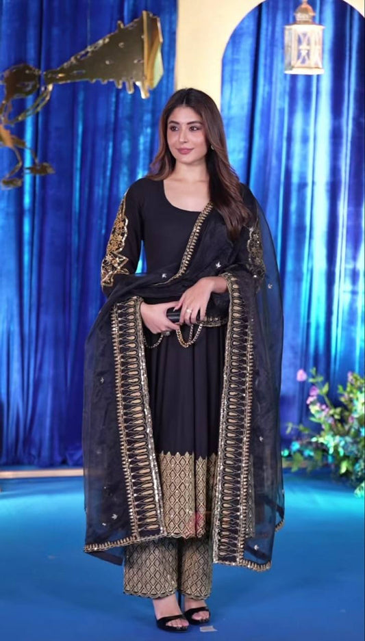Prakriti Black Premium Festive Suit with Rich Golden Motifs and Organza Dupatta