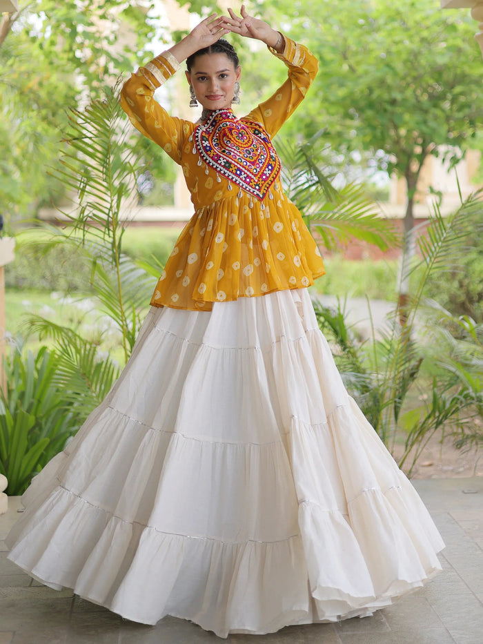 Pretty Mustard Yellow Cotton Navratri Lehenga With Patch Work Peplum Top