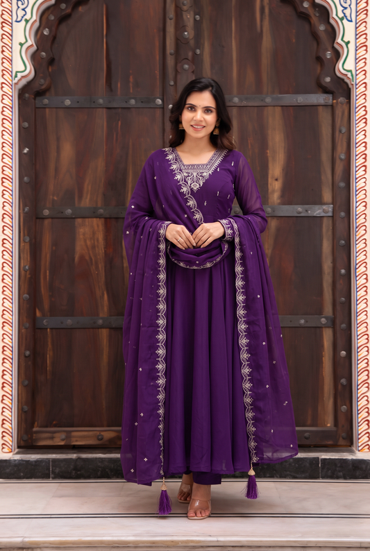 Purple Color Georgette Embroidered Three Piece Anarkali Suit