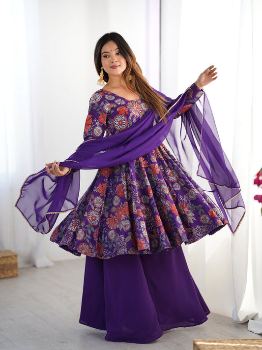Purple Color Roman Silk Discharge Printed Plazzo Suit