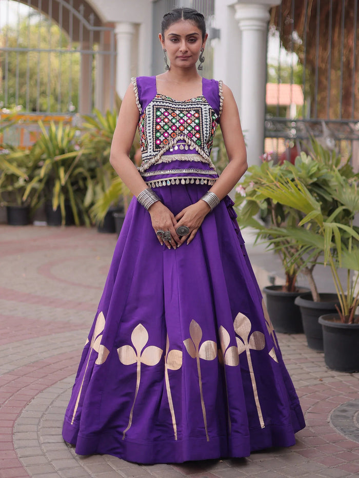 Purple Gamthi Work Silk Navratri Special Lehenga With Blouse