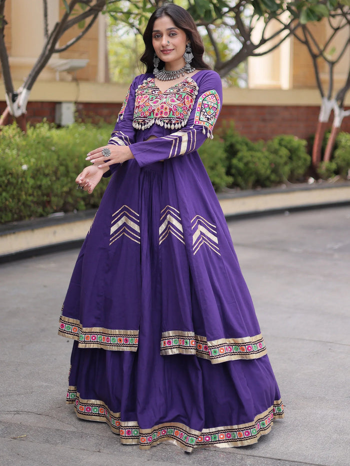 Purple Gota Laced Cotton Navratri Wear Lehenga With Shrug