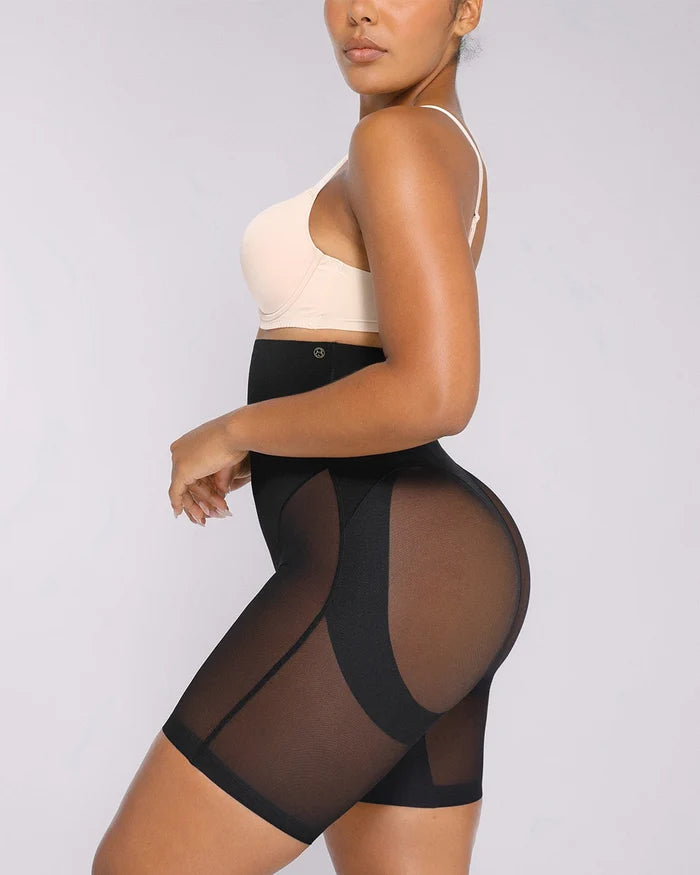 Side view showing waist shaping and tummy smoothing effect of mesh shorts