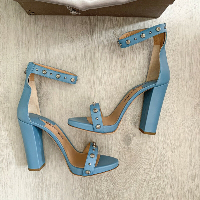 RACINE CARRÉE Studded Azure Blue Sandal Block High Heels - House Of Huntington