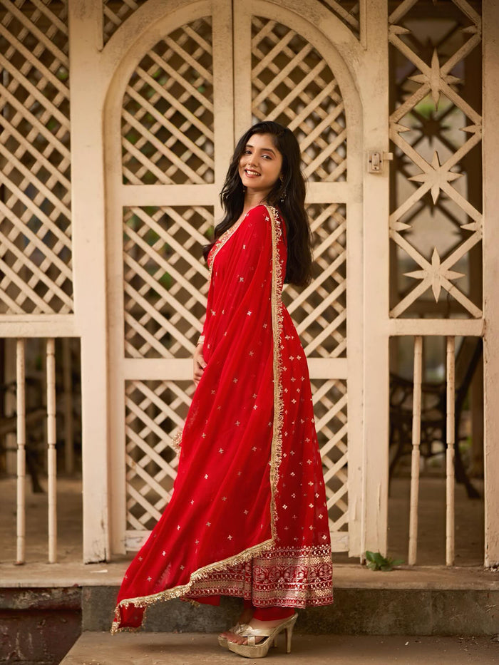 Radiance Red Anarkali Suit with Dupatta – Perfect Durga Puja & Karwa Chauth Dress