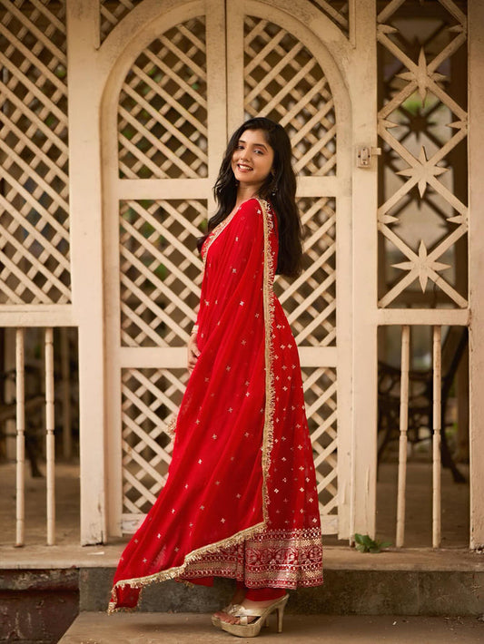 Radiance Red Anarkali Suit with Dupatta – Perfect Durga Puja & Karwa Chauth Dress