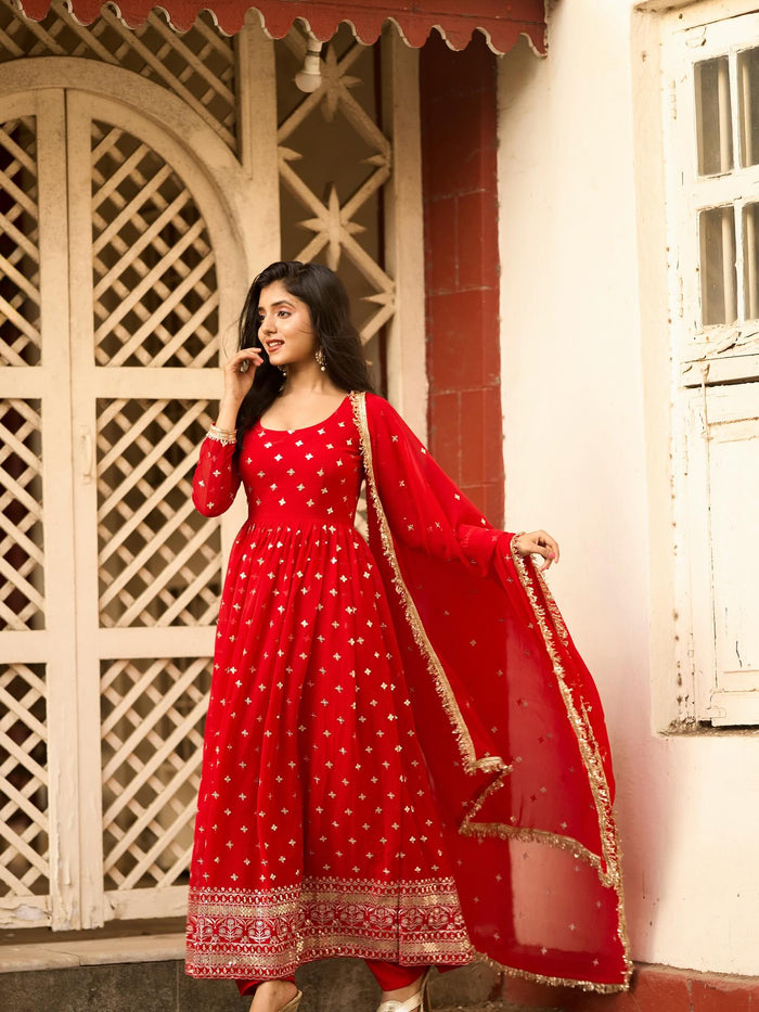 Radiance Red Anarkali Suit with Dupatta – Perfect Durga Puja & Karwa Chauth Dress