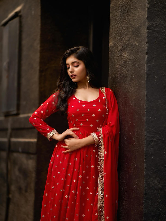 Radiance Red Anarkali Suit with Dupatta – Perfect Durga Puja & Karwa Chauth Dress