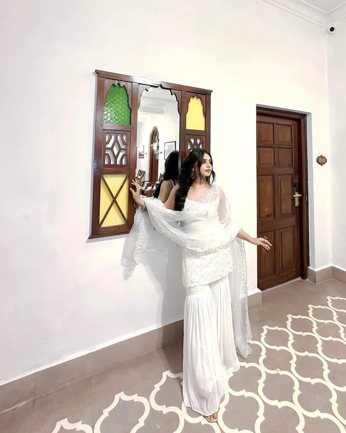 Radiant White Embroidered Sharara Suit Set with Designer Kurta and Dupatta