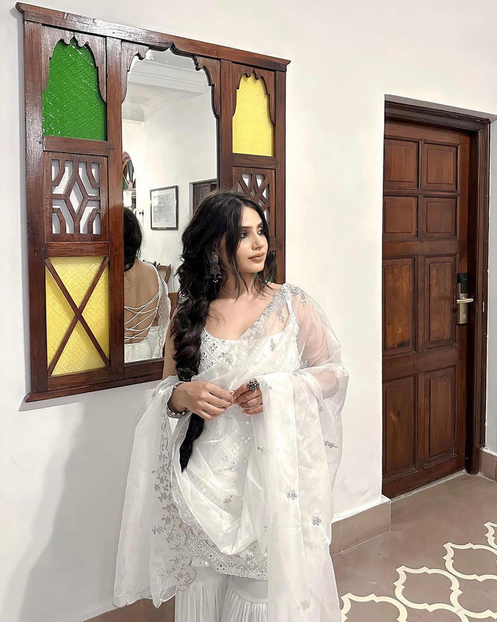 Radiant White Embroidered Sharara Suit Set with Designer Kurta and Dupatta