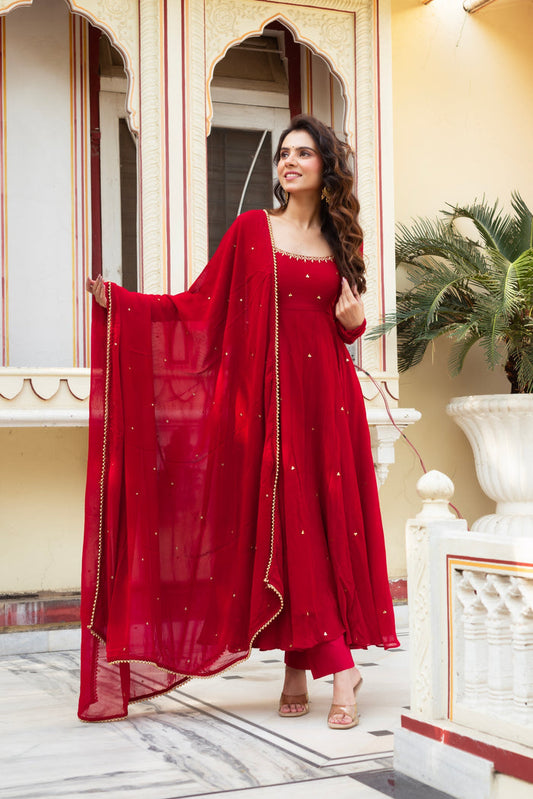 Radiate Elegance in This Red Hand Work Anarkali Suit