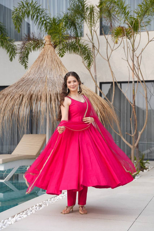 Rani Pink Color Chanderi Pure Roman Silk Anarkali Suit