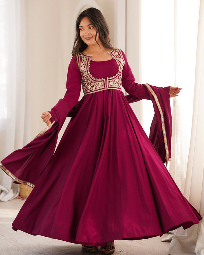 Rani PInk Color Roman Silk Three Piece Anarkali Suit