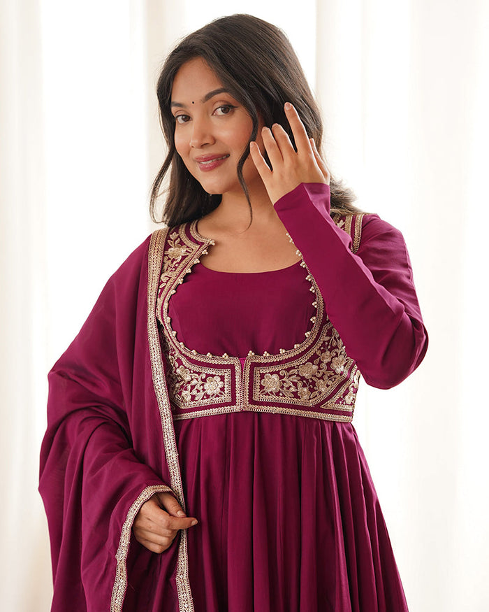 Rani PInk Color Roman Silk Three Piece Anarkali Suit