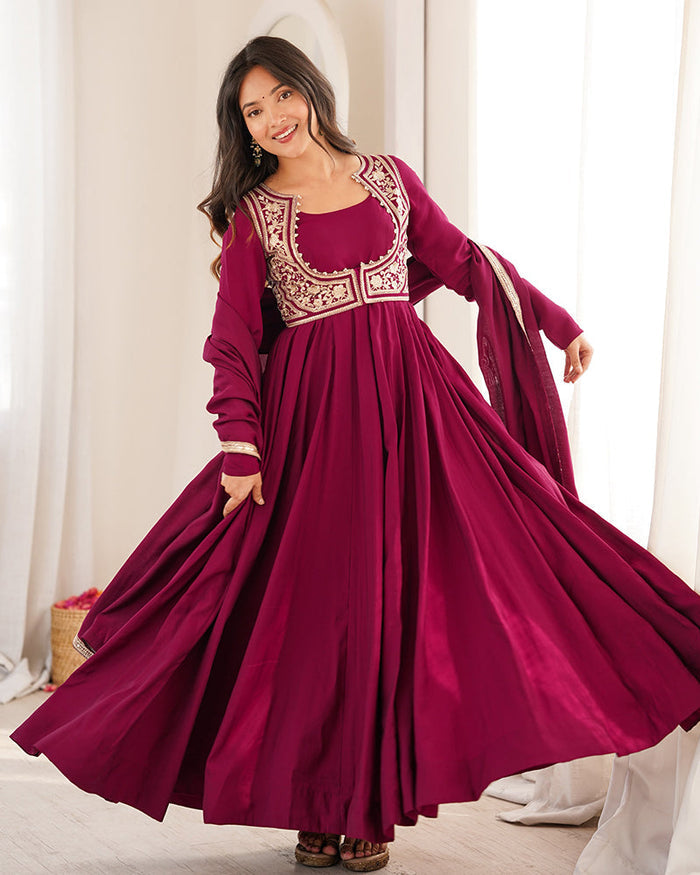 Rani PInk Color Roman Silk Three Piece Anarkali Suit