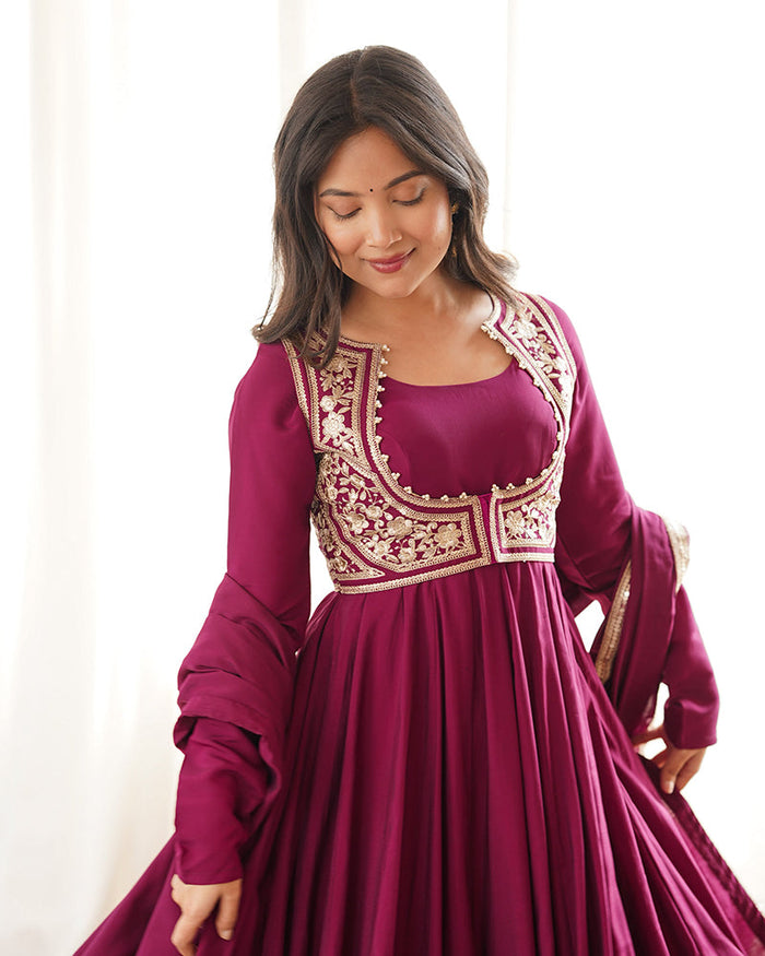 Rani PInk Color Roman Silk Three Piece Anarkali Suit
